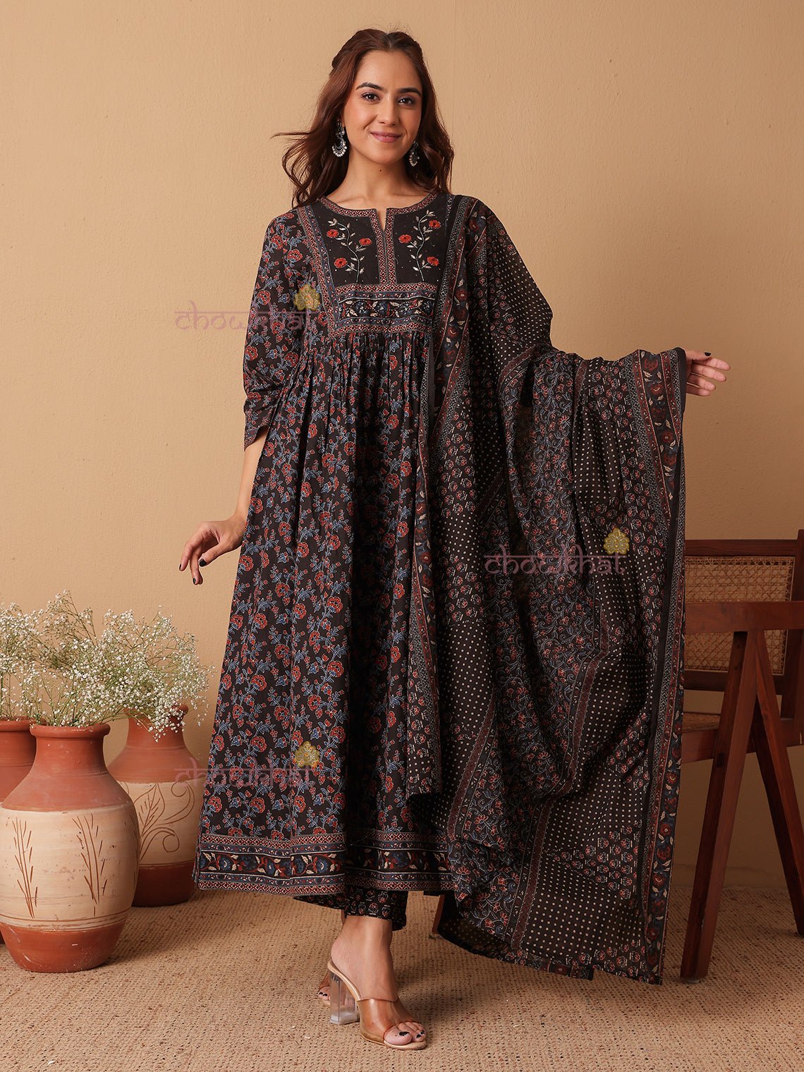 Prisha Anarkali Hand Printed Cotton 3 Piece Stitched Suit Set with Handwork - Chowkhat Lifestyle