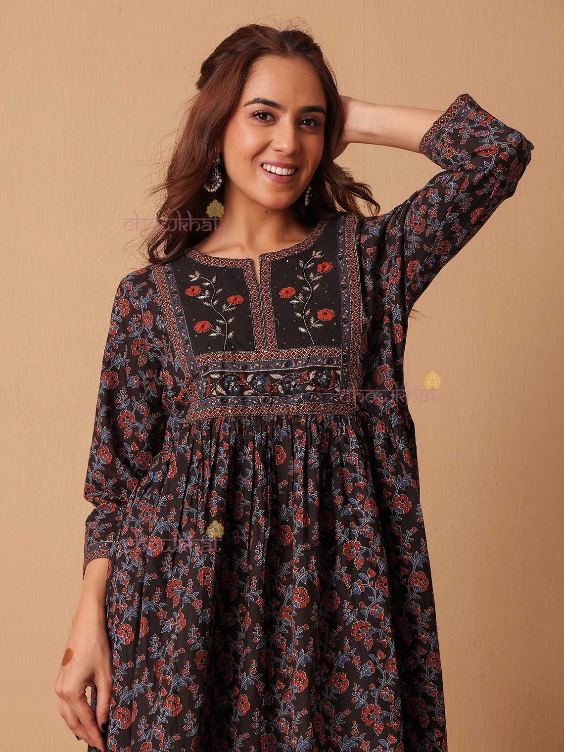 Prisha Anarkali Hand Printed Cotton 3 Piece Stitched Suit Set with Handwork - Chowkhat Lifestyle
