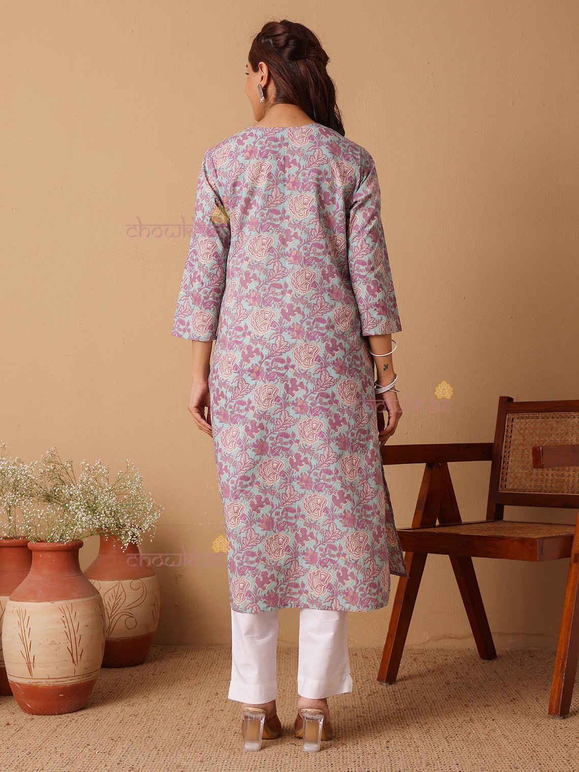 Dhriti Hand Printed Cotton Kurti With Handwork - Chowkhat Lifestyle