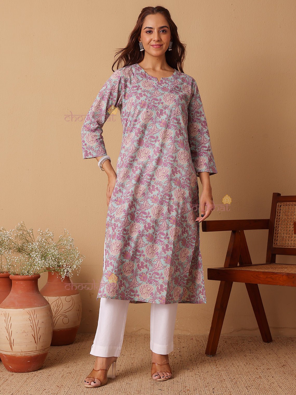 Dhriti Hand Printed Cotton Kurti With Handwork - Chowkhat Lifestyle