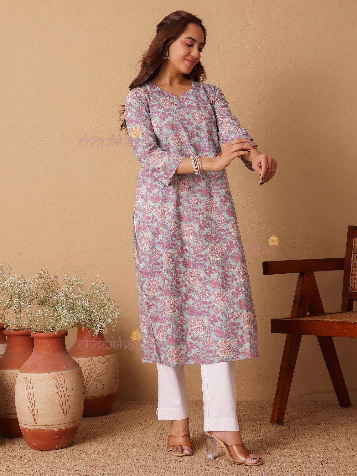 Dhriti Hand Printed Cotton Kurti With Handwork - Chowkhat Lifestyle