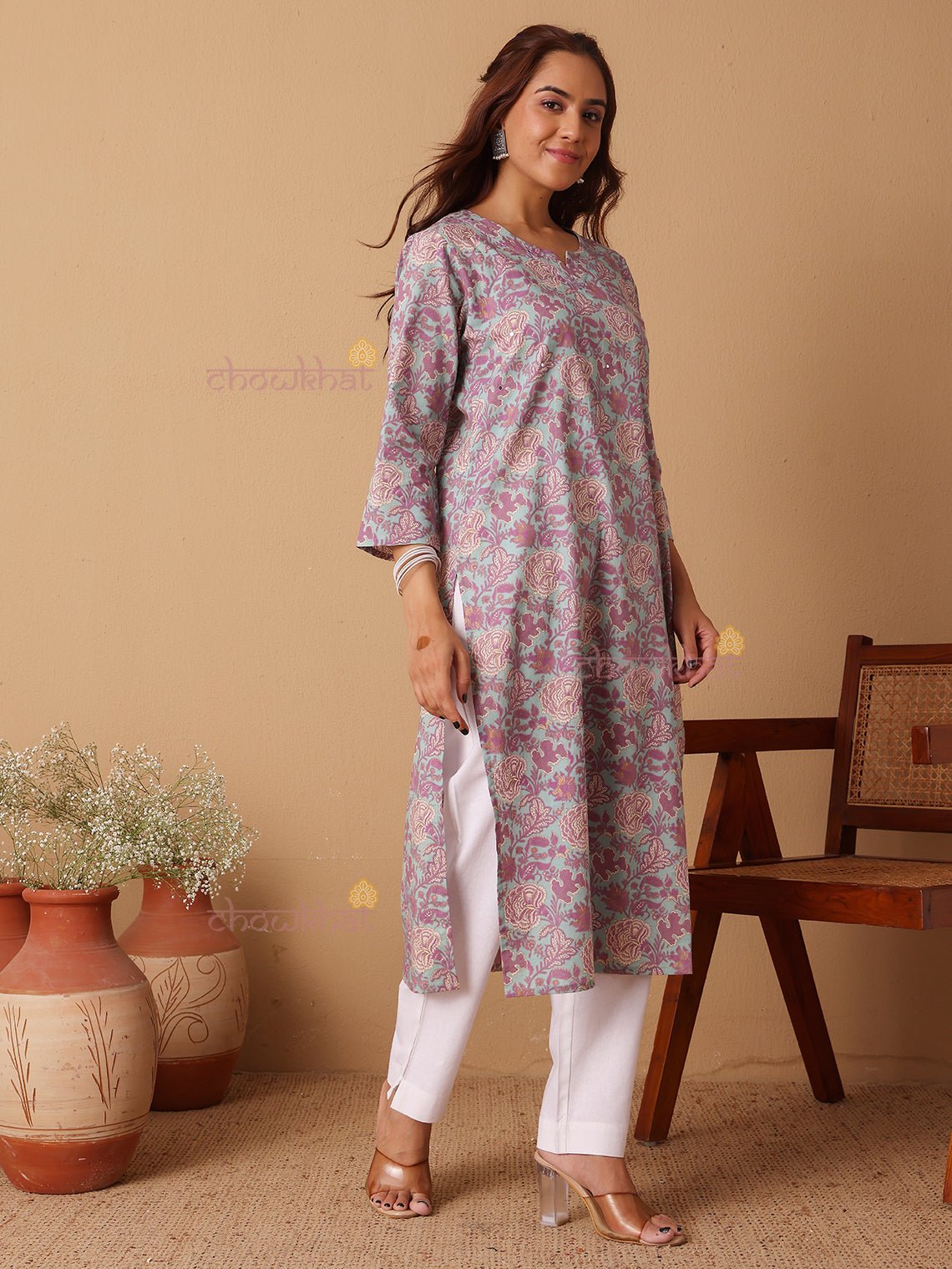Dhriti Hand Printed Cotton Kurti With Handwork - Chowkhat Lifestyle