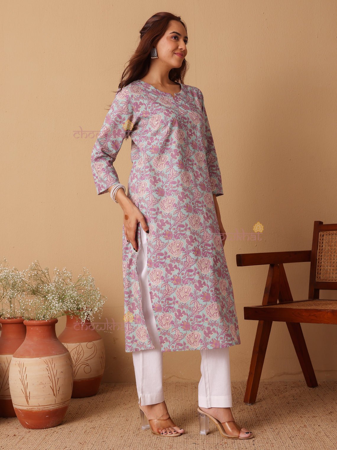 Dhriti Hand Printed Cotton Kurti With Handwork - Chowkhat Lifestyle