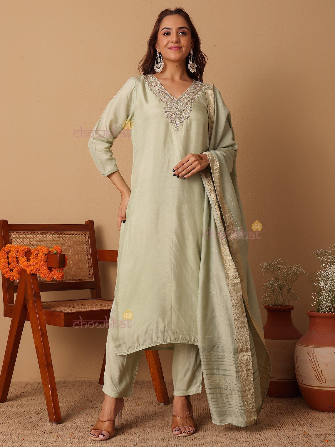 Tashi Premium Silk 3 Piece Stitched Suit Set Handwork - Chowkhat Lifestyle