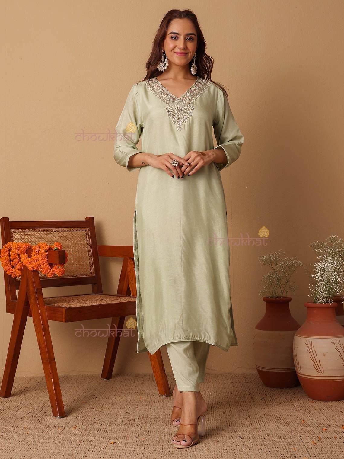 Tashi Premium Silk 3 Piece Stitched Suit Set Handwork - Chowkhat Lifestyle