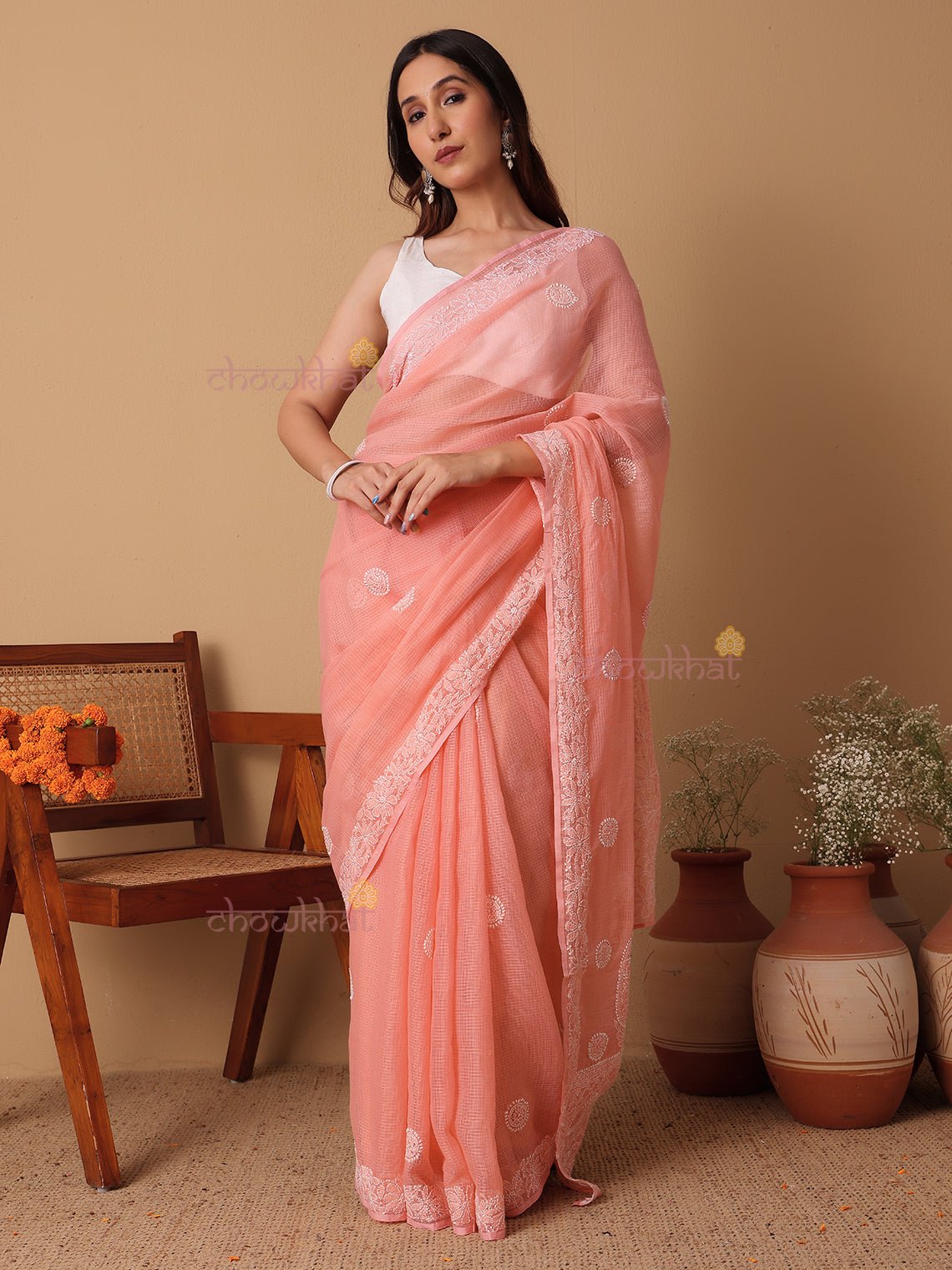 Suhana Kota Doria Hand Embroidered Chikankari Saree - Chowkhat Lifestyle