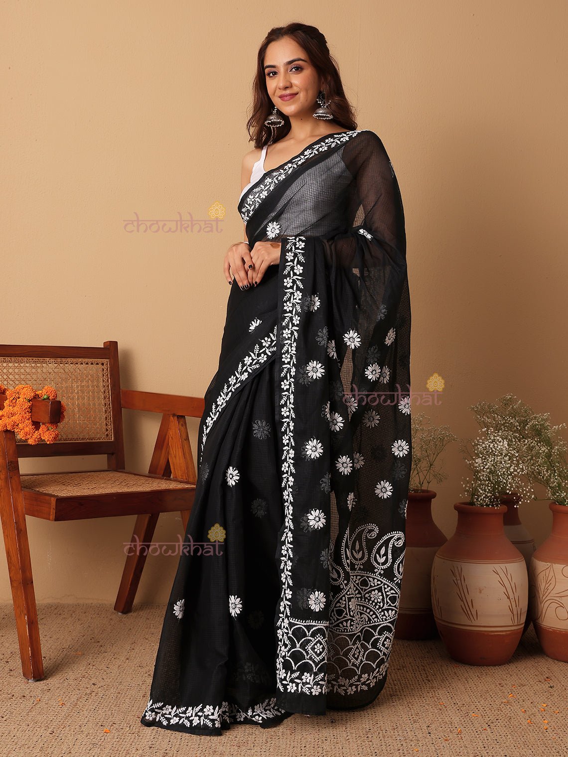 Suhana Kota Doria Hand Embroidered Chikankari Saree - Chowkhat Lifestyle