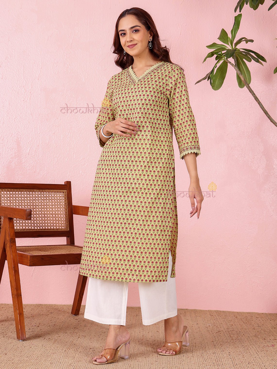 Vedika Cotton Hand Printed Straight Kurti With Handwork - Chowkhat Lifestyle