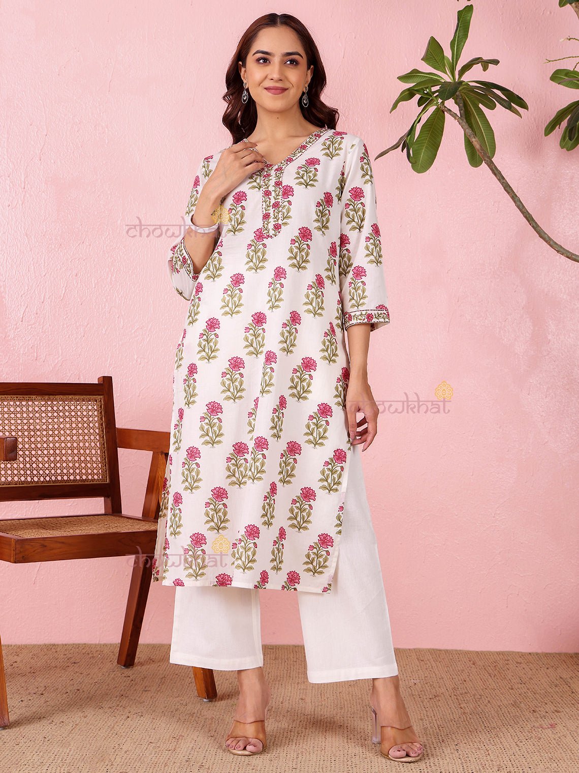 Akrita Cotton Hand Printed Straight Kurti With Handwork - Chowkhat Lifestyle