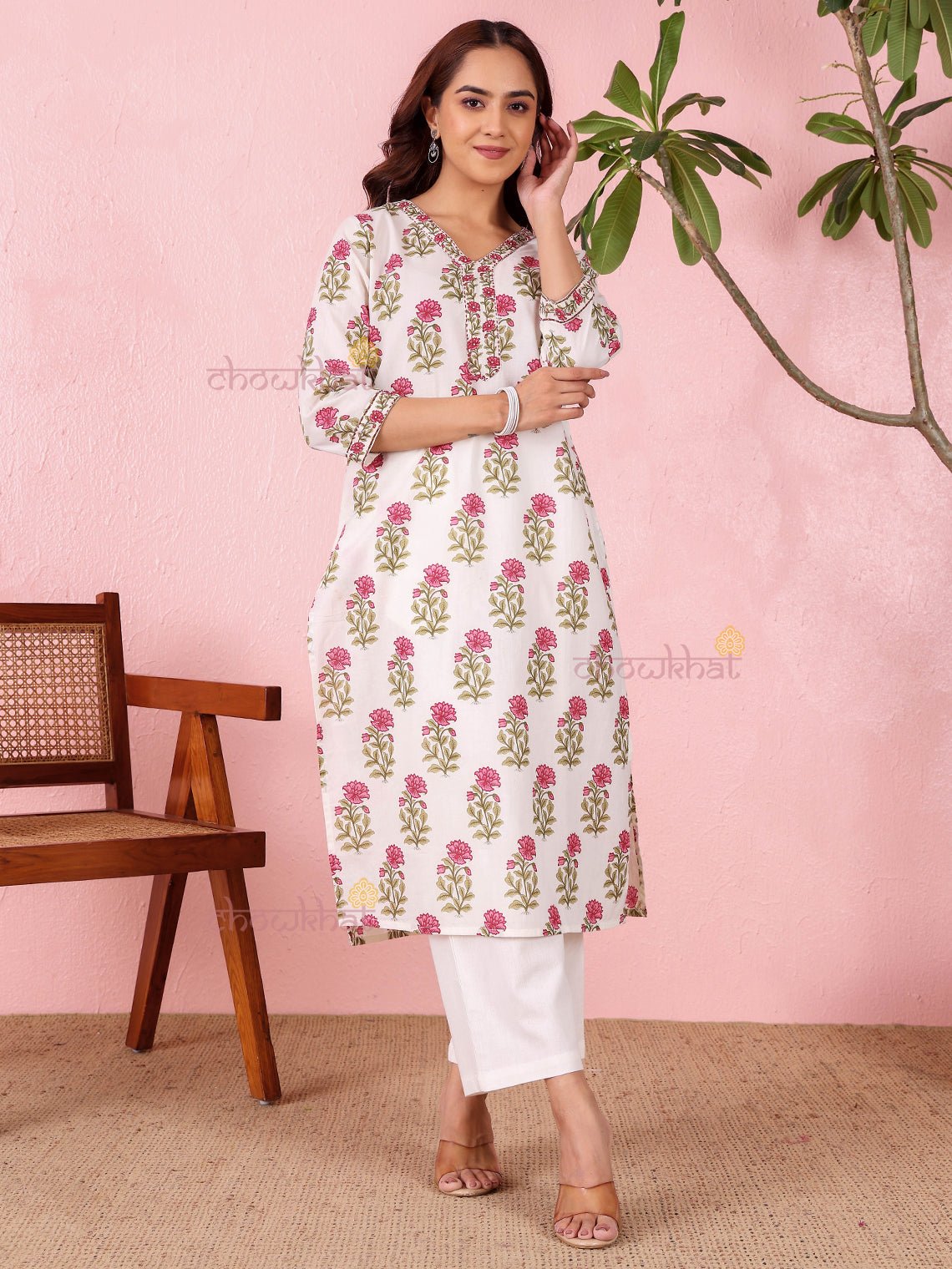 Akrita Cotton Hand Printed Straight Kurti With Handwork - Chowkhat Lifestyle