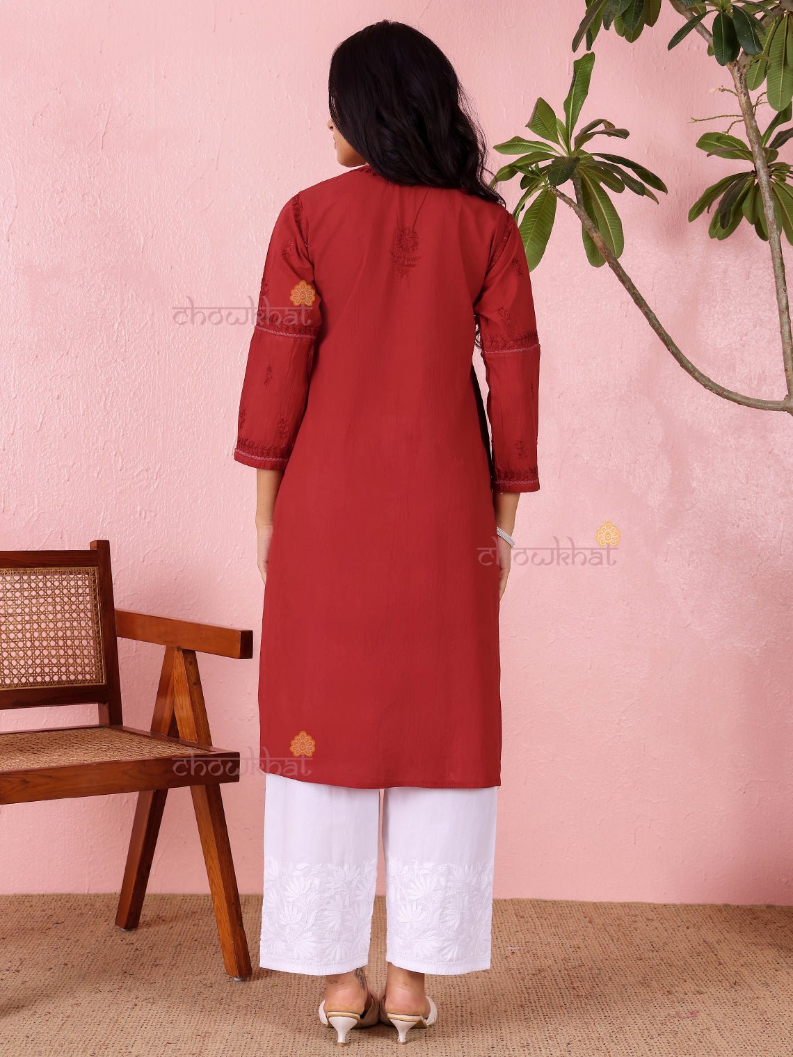 Anaya Cotton Straight Long Chikankari Kurti - Chowkhat Lifestyle