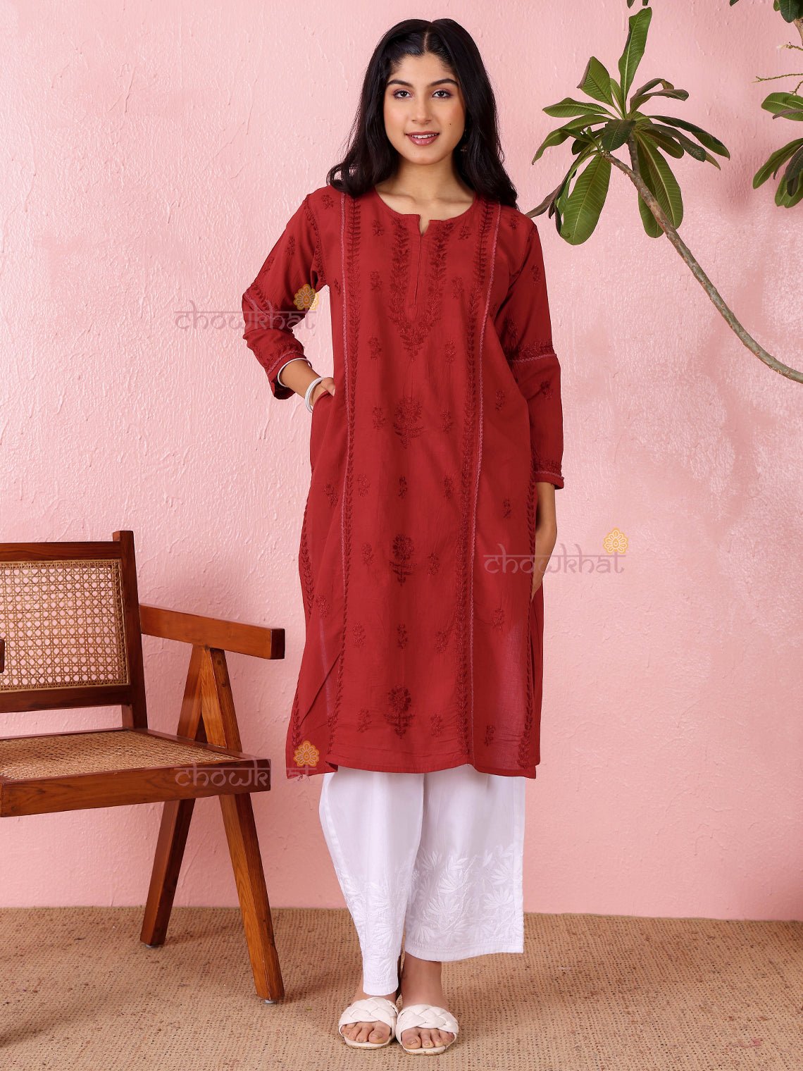 Anaya Cotton Straight Long Chikankari Kurti - Chowkhat Lifestyle