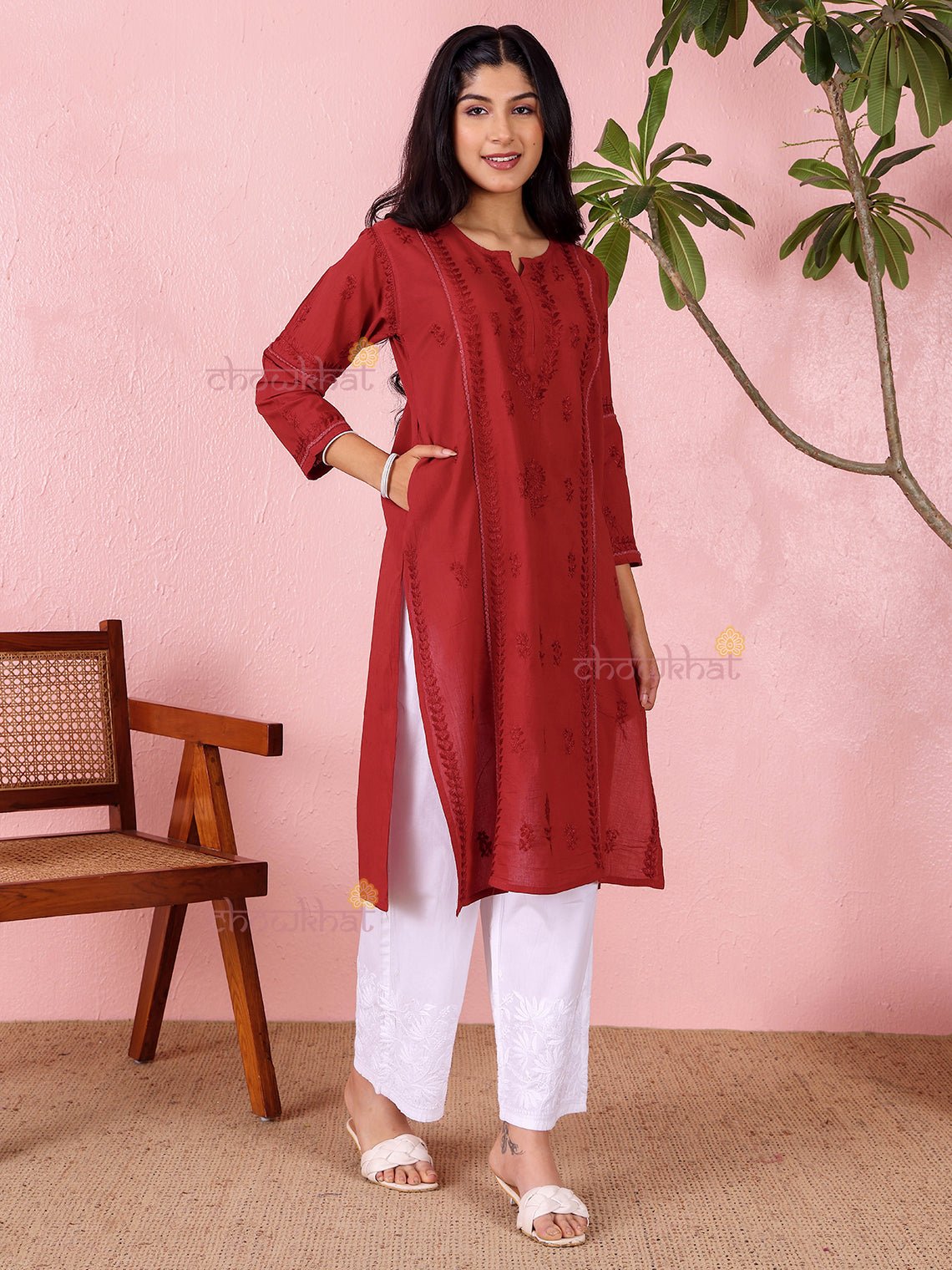 Anaya Cotton Straight Long Chikankari Kurti - Chowkhat Lifestyle