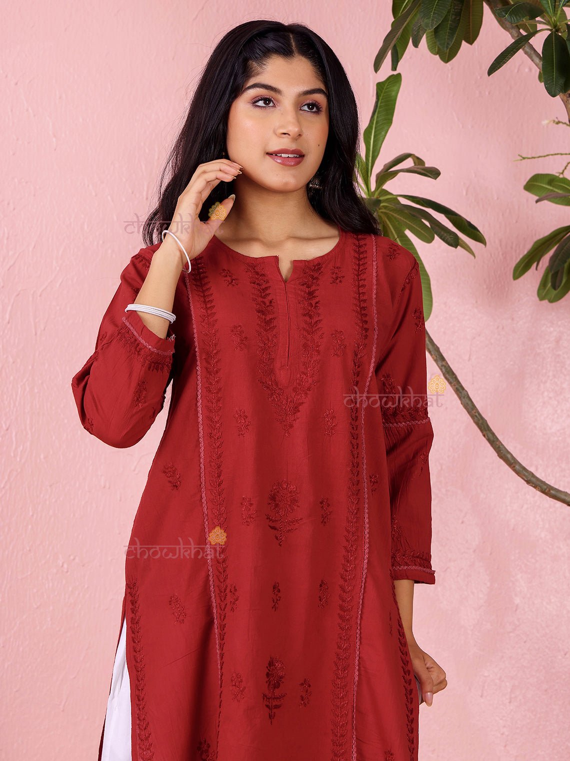 Anaya Cotton Straight Long Chikankari Kurti - Chowkhat Lifestyle
