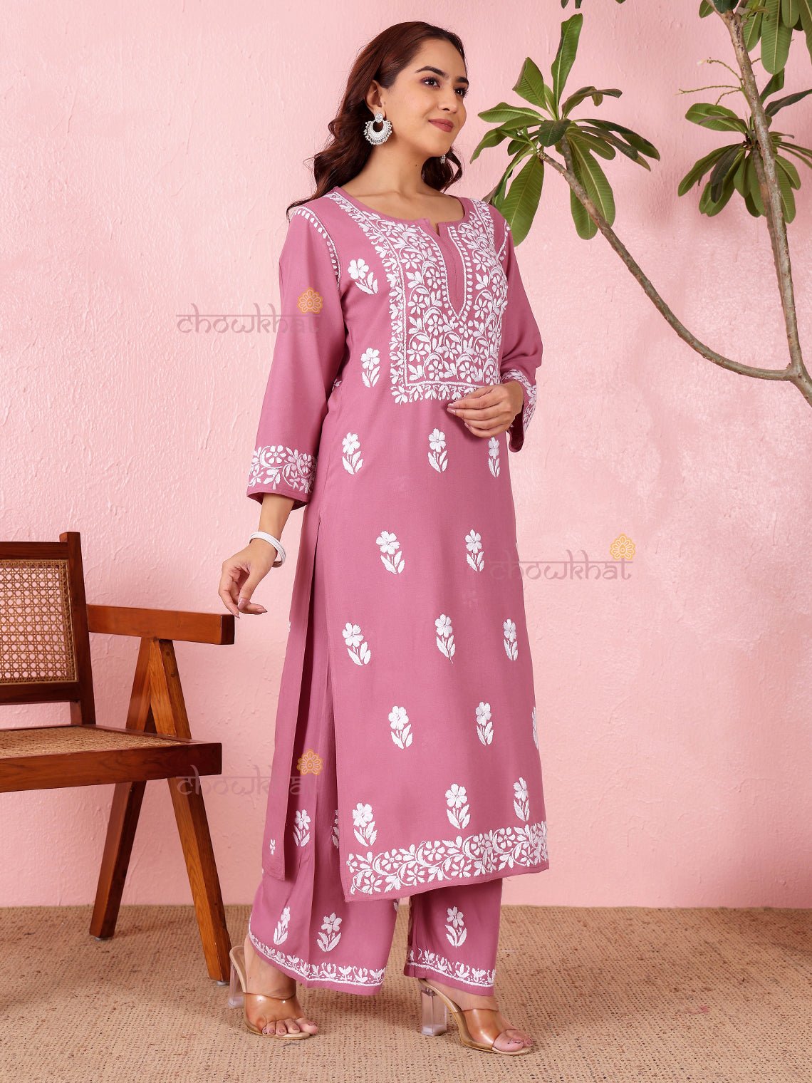 Lara Premium Rayon Straight Chikankari Kurti & Palazzo Set - Chowkhat Lifestyle