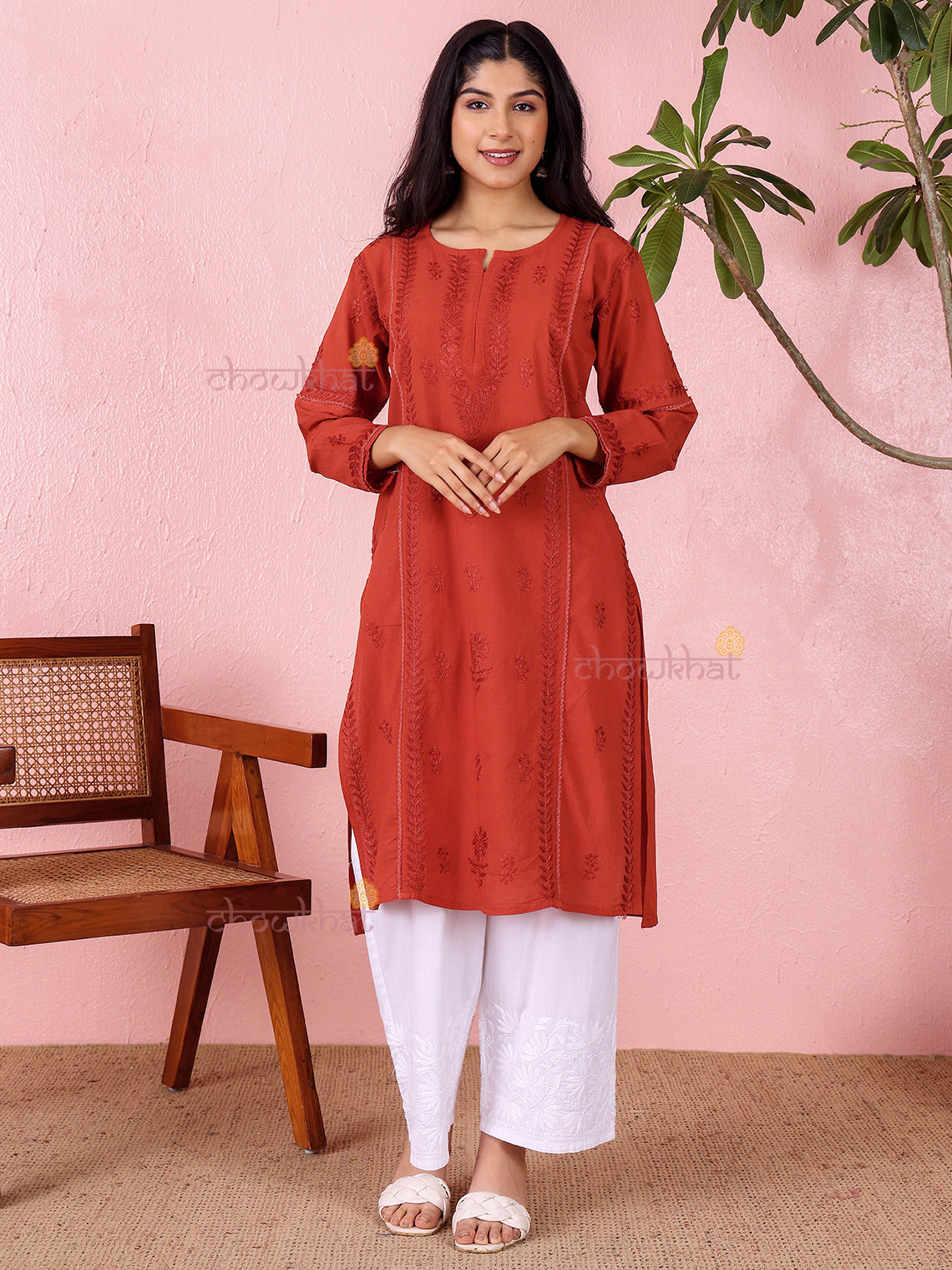 Anaya Cotton Straight Long Chikankari Kurti