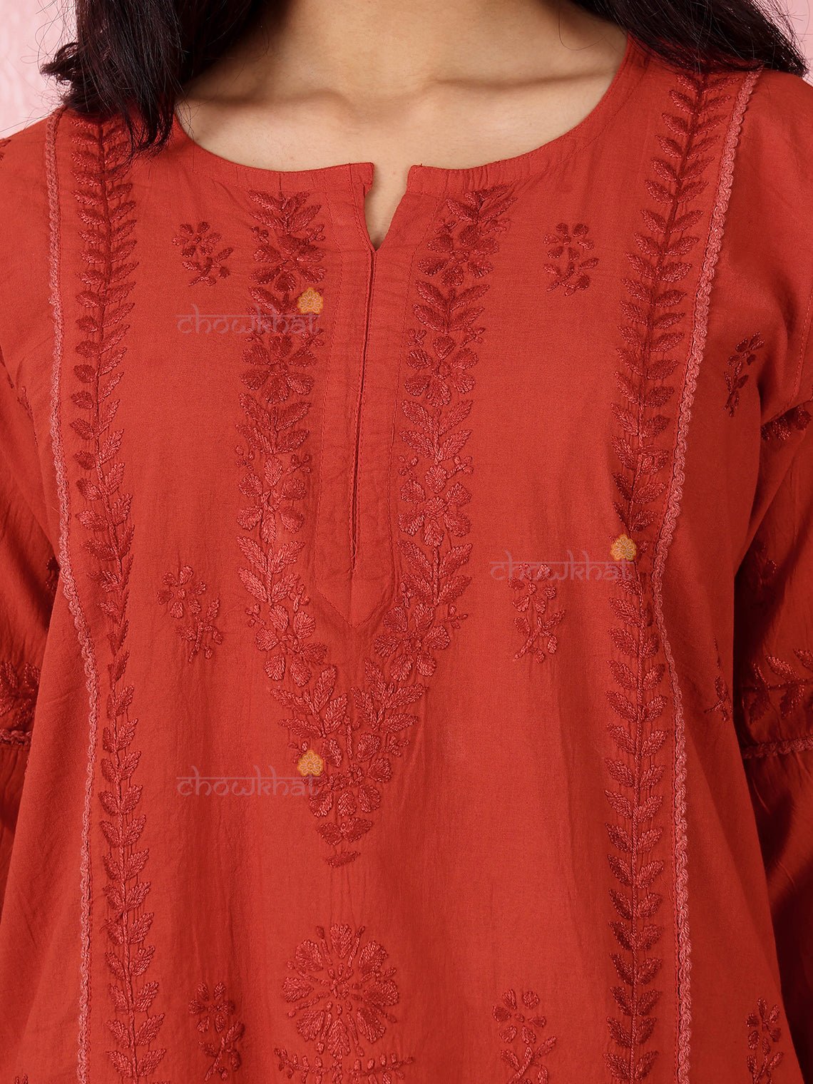 Anaya Cotton Straight Long Chikankari Kurti - Chowkhat Lifestyle