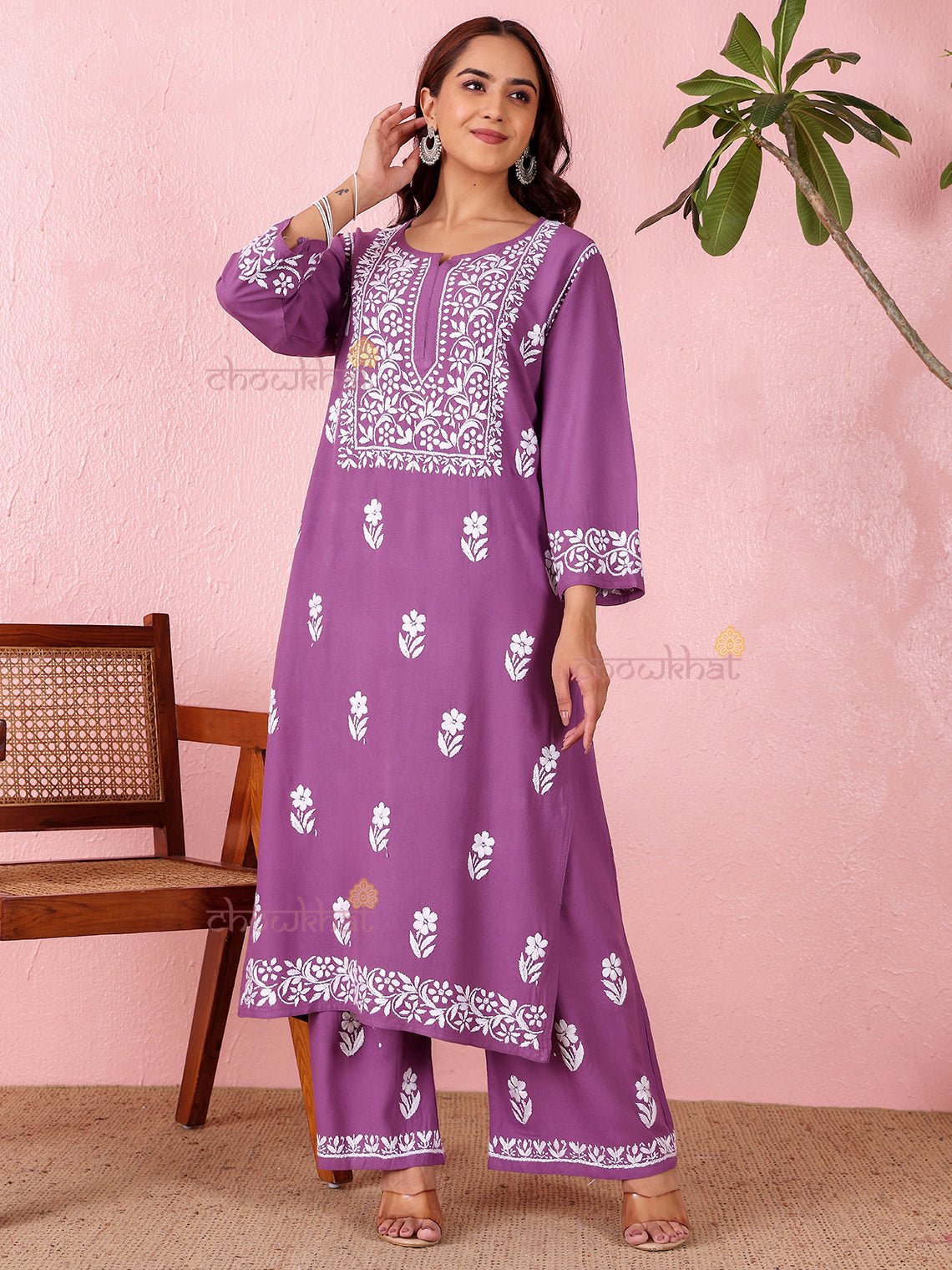 Lara Premium Rayon Straight Chikankari Kurti & Palazzo Set - Chowkhat Lifestyle