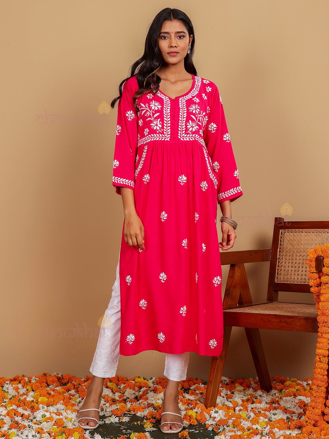 Muskaan Premium Rayon Chikankari Kurti with Pockets - Chowkhat Lifestyle