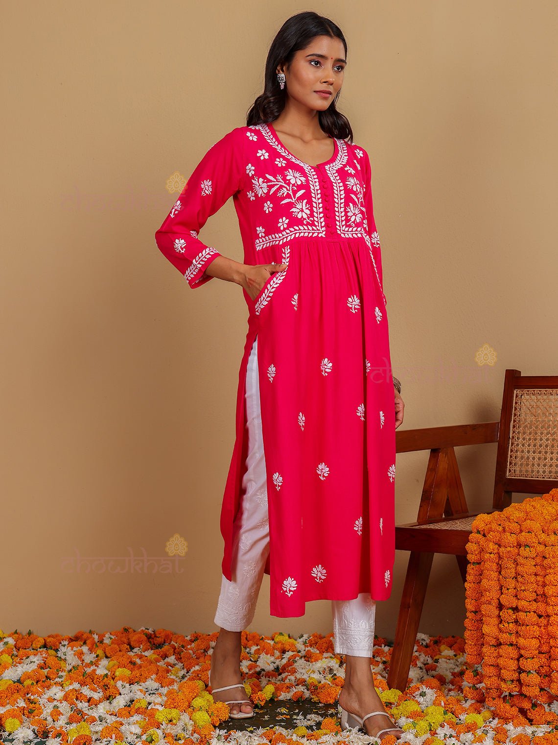 Muskaan Premium Rayon Chikankari Kurti with Pockets - Chowkhat Lifestyle