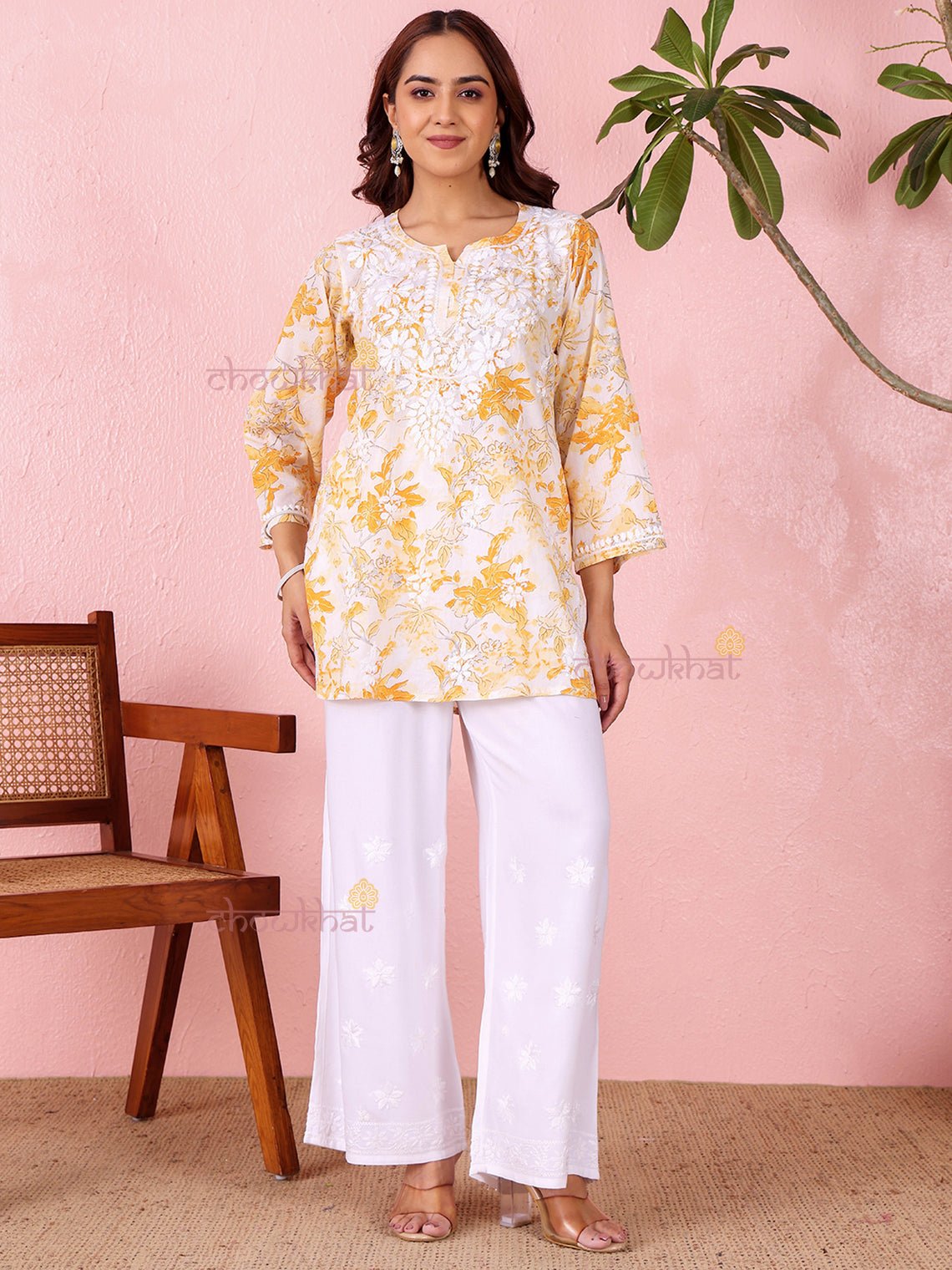 Sara Mul Cotton Straight Short Chikankari Kurti - Chowkhat Lifestyle