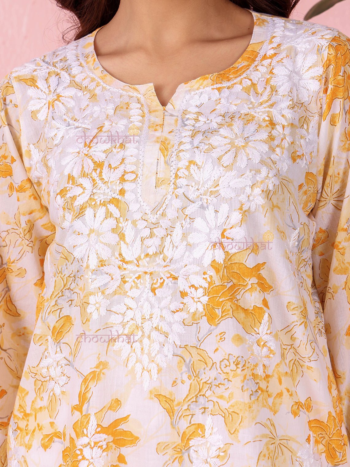 Sara Mul Cotton Straight Short Chikankari Kurti - Chowkhat Lifestyle