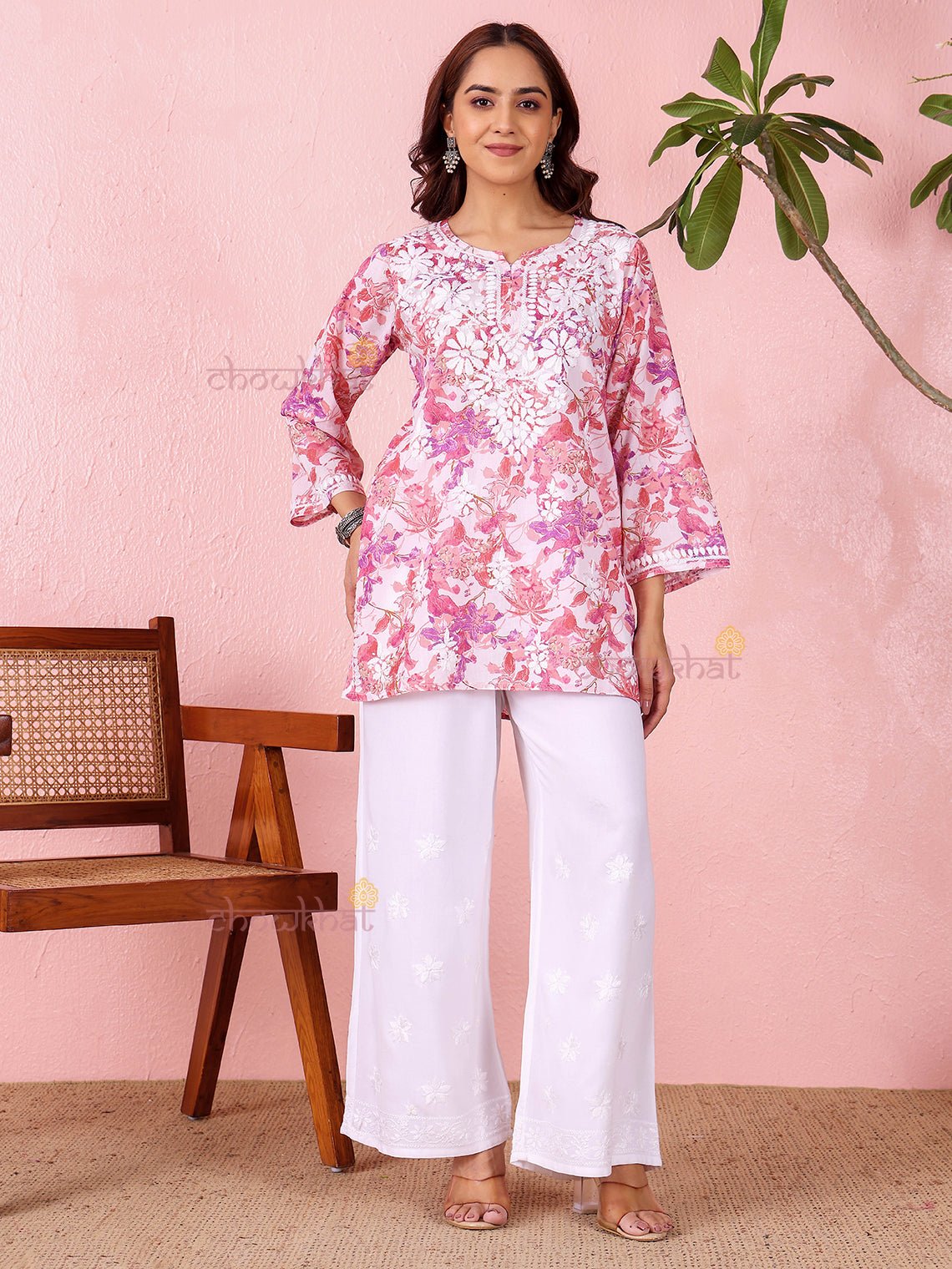 Sara Mul Cotton Straight Short Chikankari Kurti - Chowkhat Lifestyle