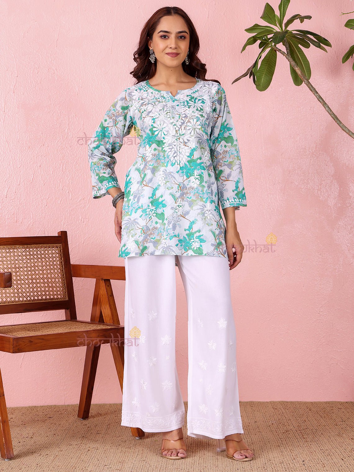 Sara Mul Cotton Straight Short Chikankari Kurti - Chowkhat Lifestyle