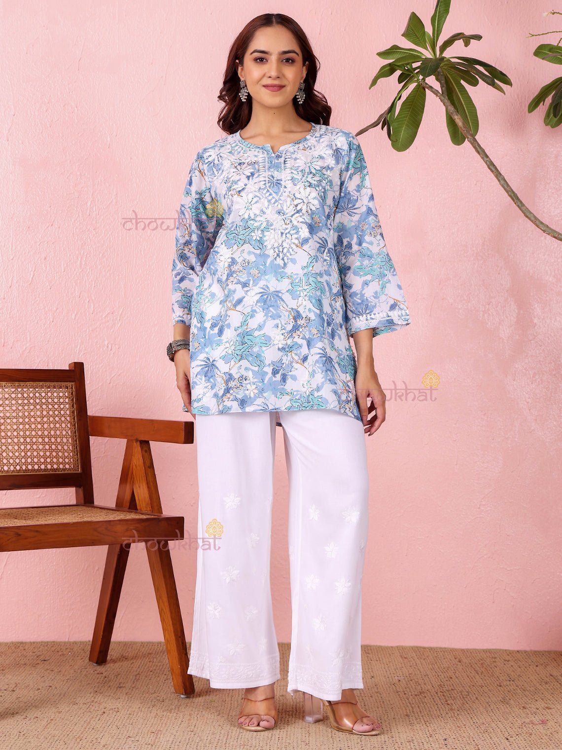 Sara Mul Cotton Straight Short Chikankari Kurti - Chowkhat Lifestyle