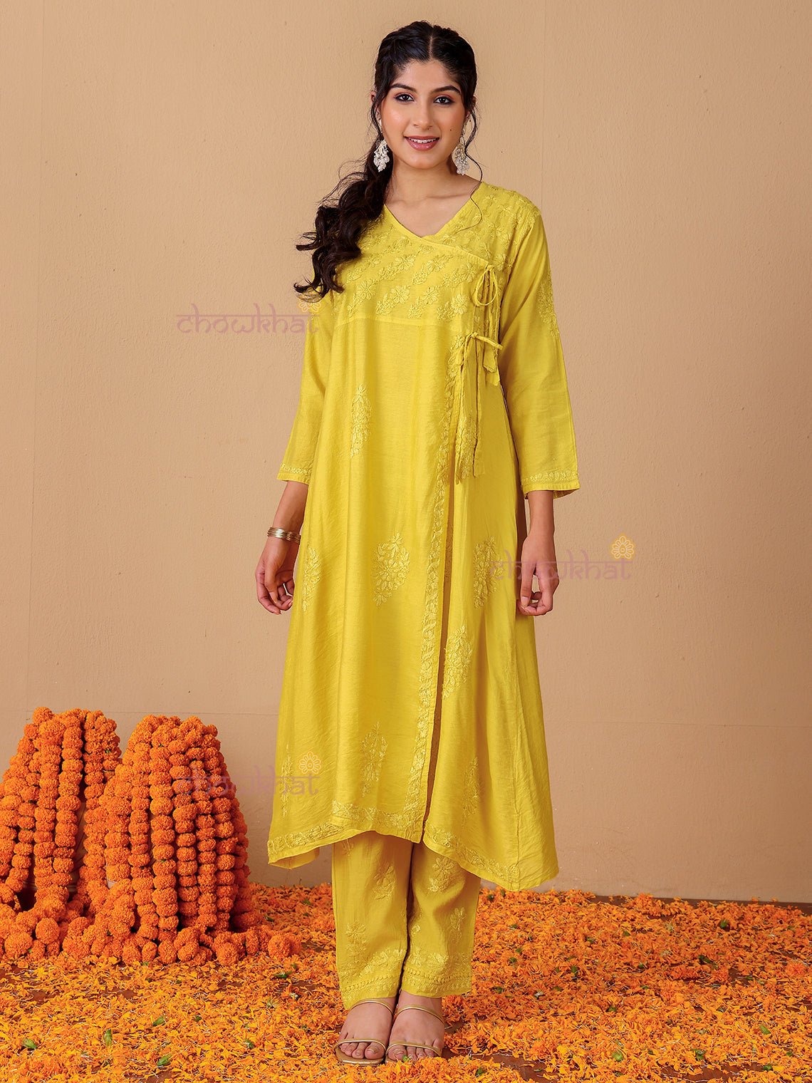 Hiba Angrakha Chanderi Chikankari Kurti & Palazzo Set - Chowkhat Lifestyle