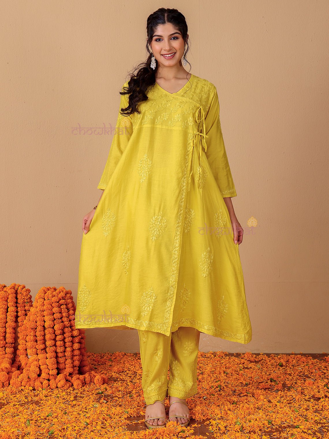 Hiba Angrakha Chanderi Chikankari Kurti & Palazzo Set - Chowkhat Lifestyle