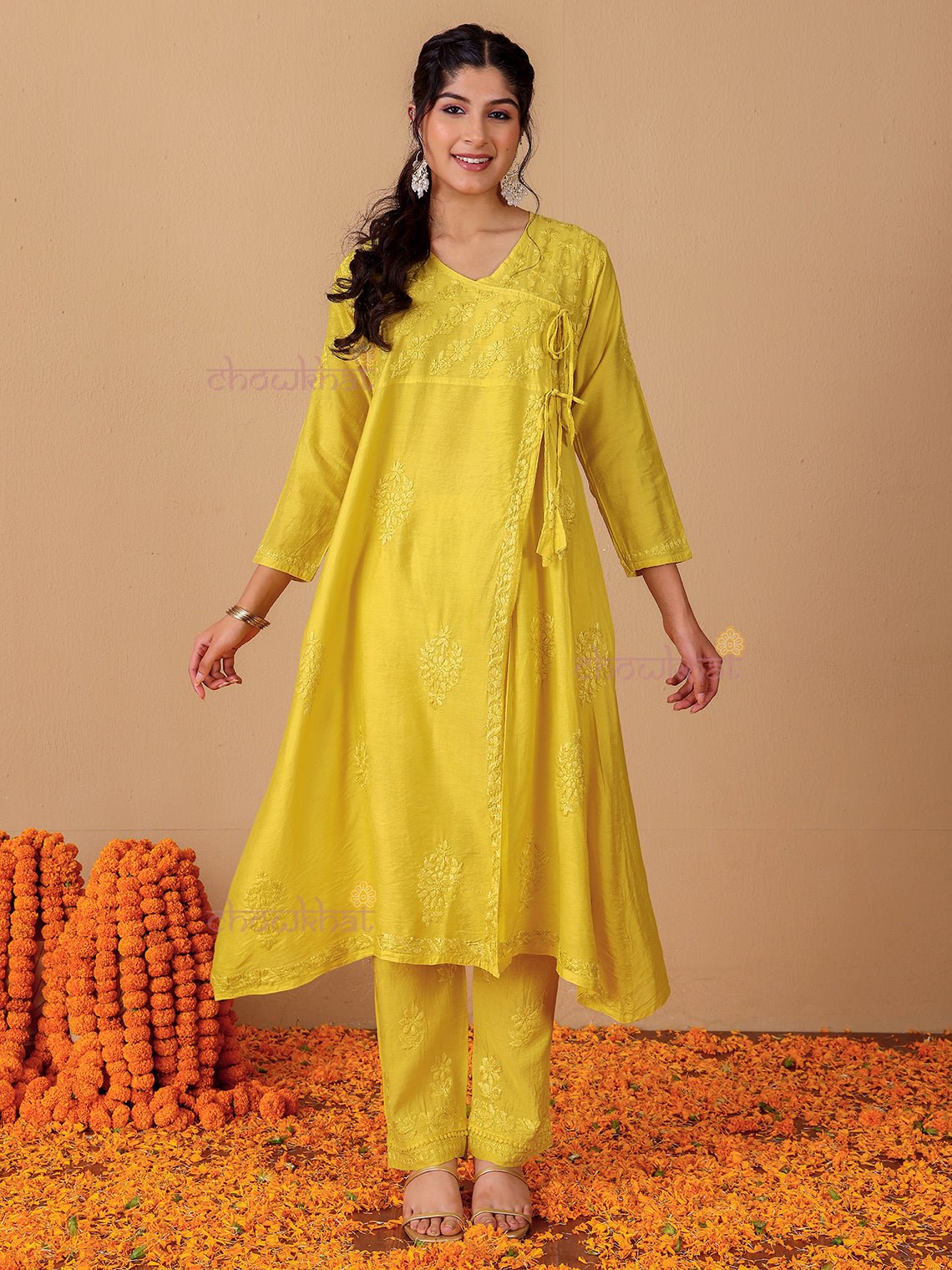 Hiba Angrakha Chanderi Chikankari Kurti & Palazzo Set - Chowkhat Lifestyle