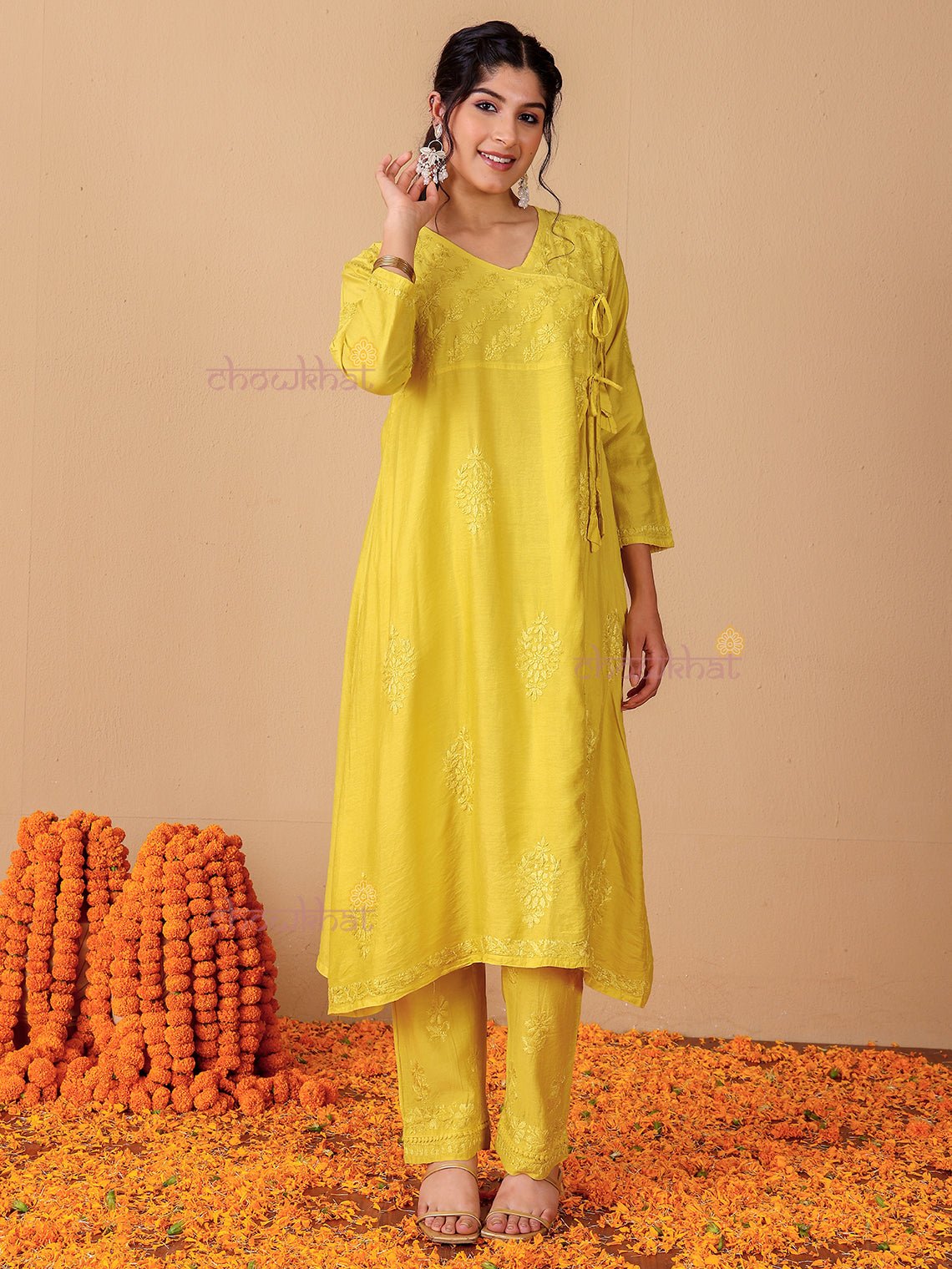 Hiba Angrakha Chanderi Chikankari Kurti & Palazzo Set - Chowkhat Lifestyle