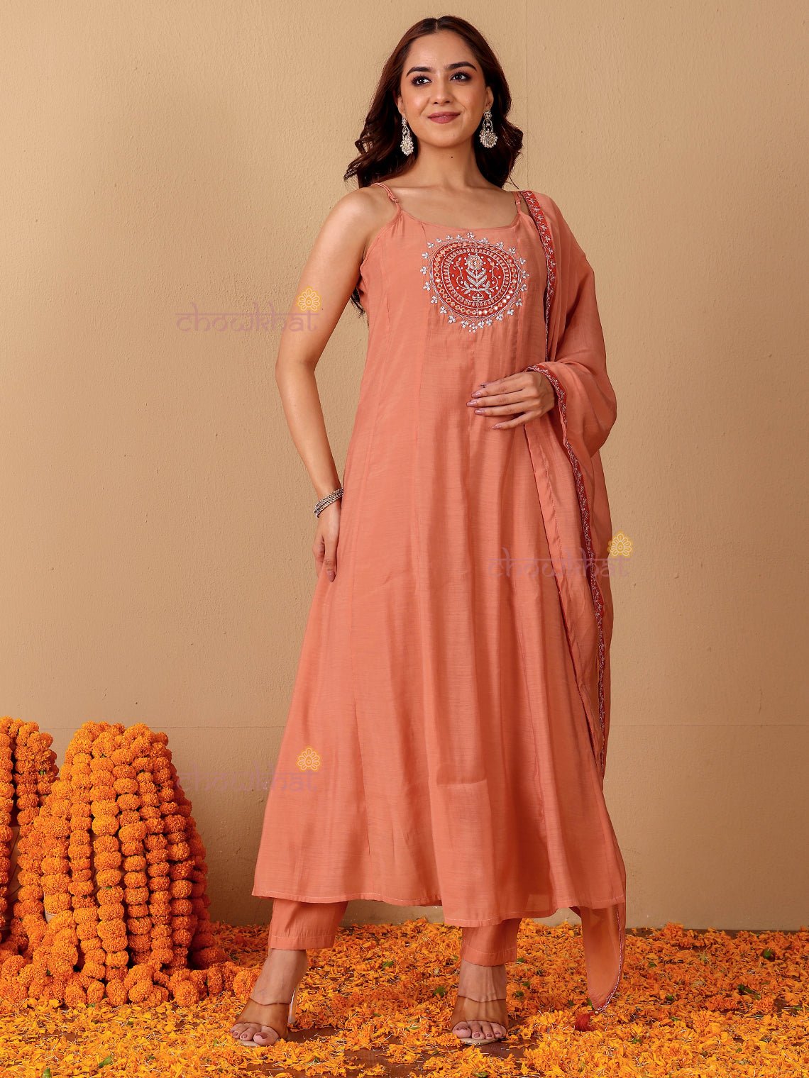 Reya Mul Chanderi 3 Piece Strappy Stitched Suit Set with Adda Work - Chowkhat Lifestyle