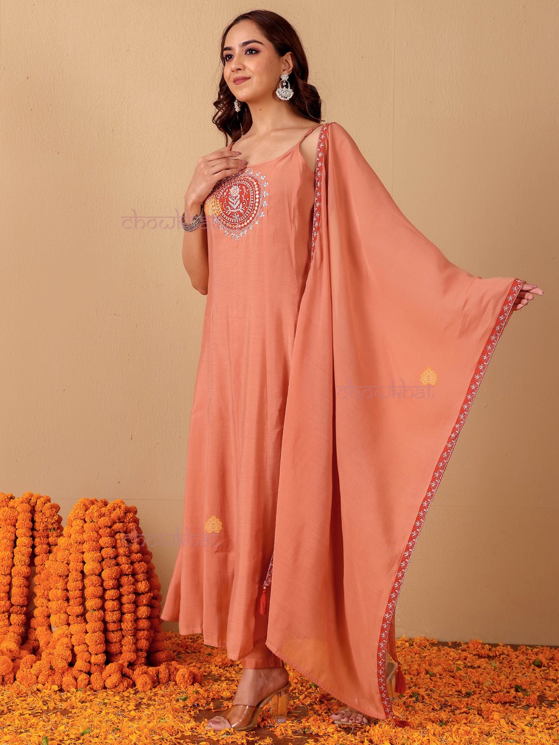 Reya Mul Chanderi 3 Piece Strappy Stitched Suit Set with Adda Work - Chowkhat Lifestyle