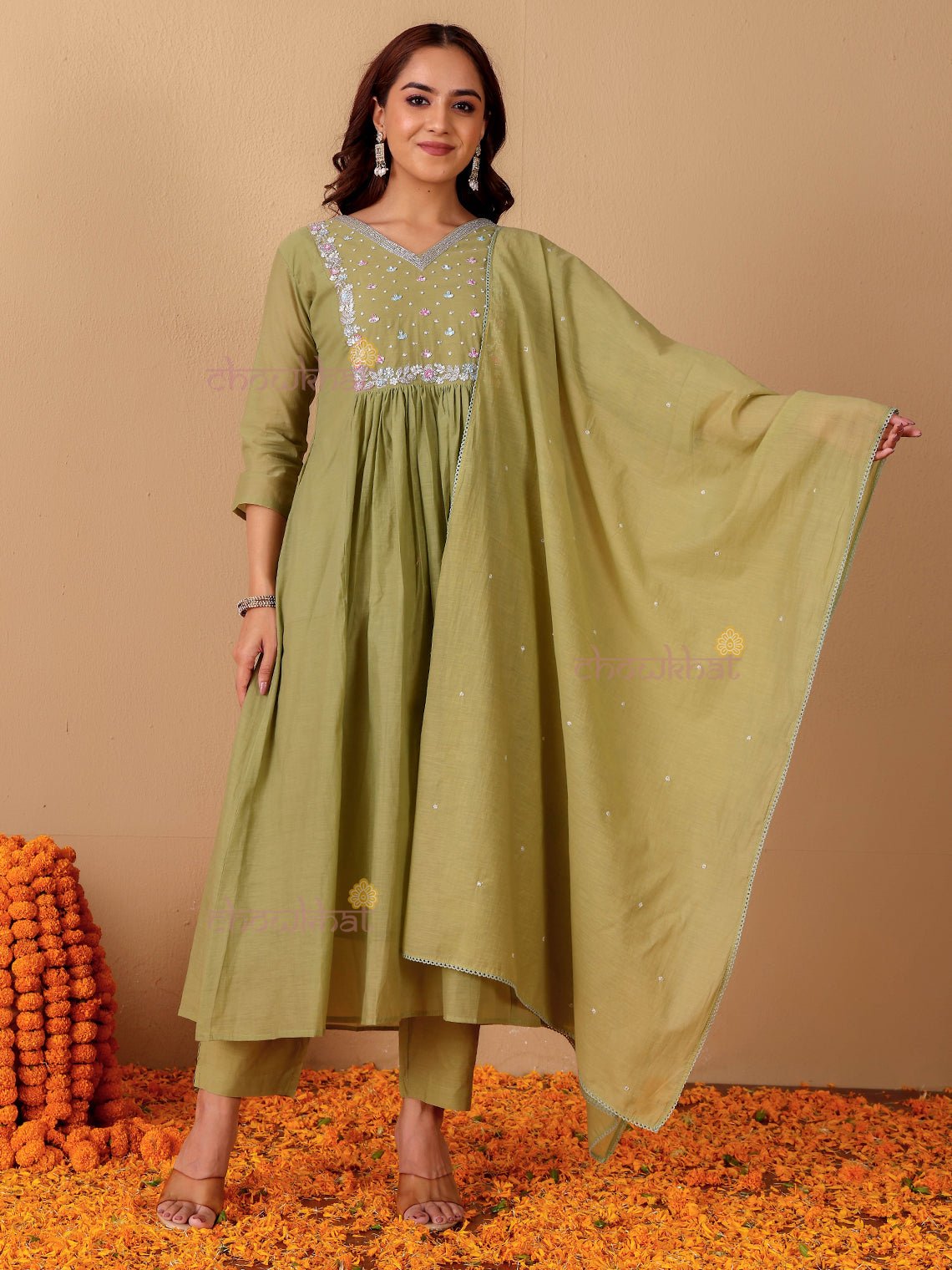 Rhea Mul Chanderi 3 Piece Nyra Style Stitched Suit Set with Adda Work - Chowkhat Lifestyle