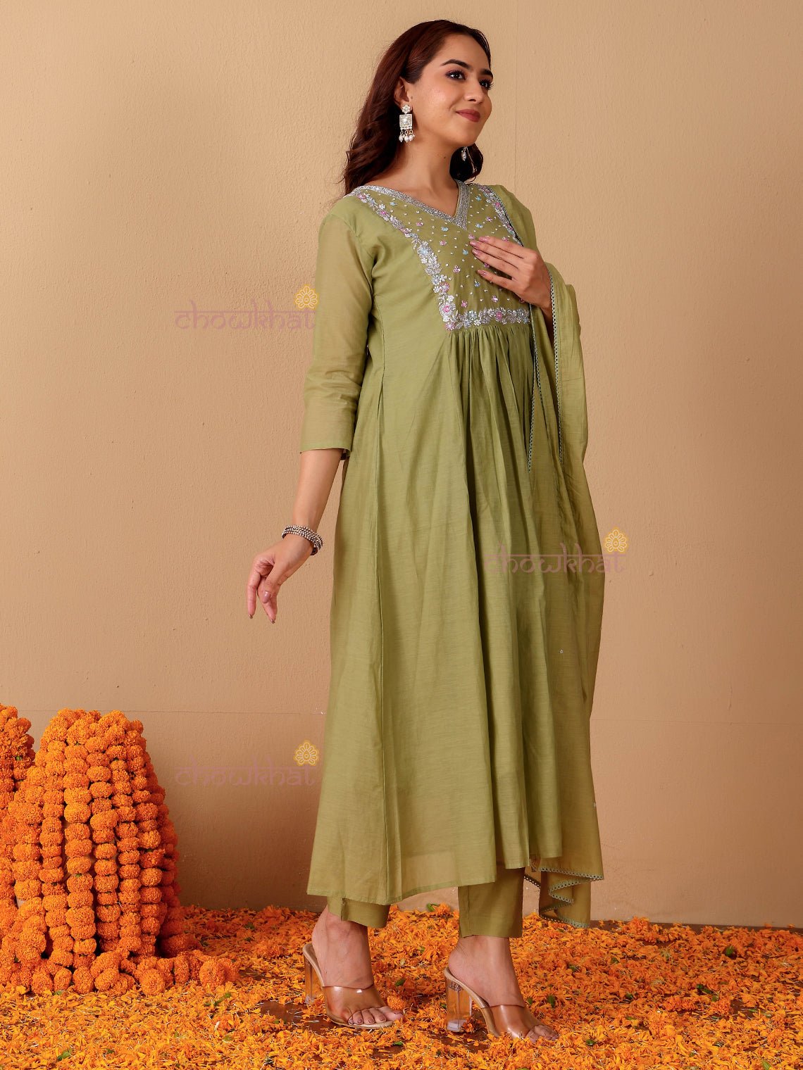 Rhea Mul Chanderi 3 Piece Nyra Style Stitched Suit Set with Adda Work - Chowkhat Lifestyle