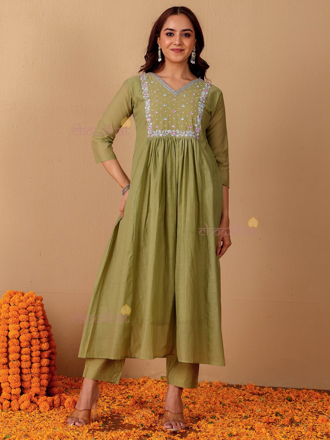 Rhea Mul Chanderi 3 Piece Nyra Style Stitched Suit Set with Adda Work - Chowkhat Lifestyle