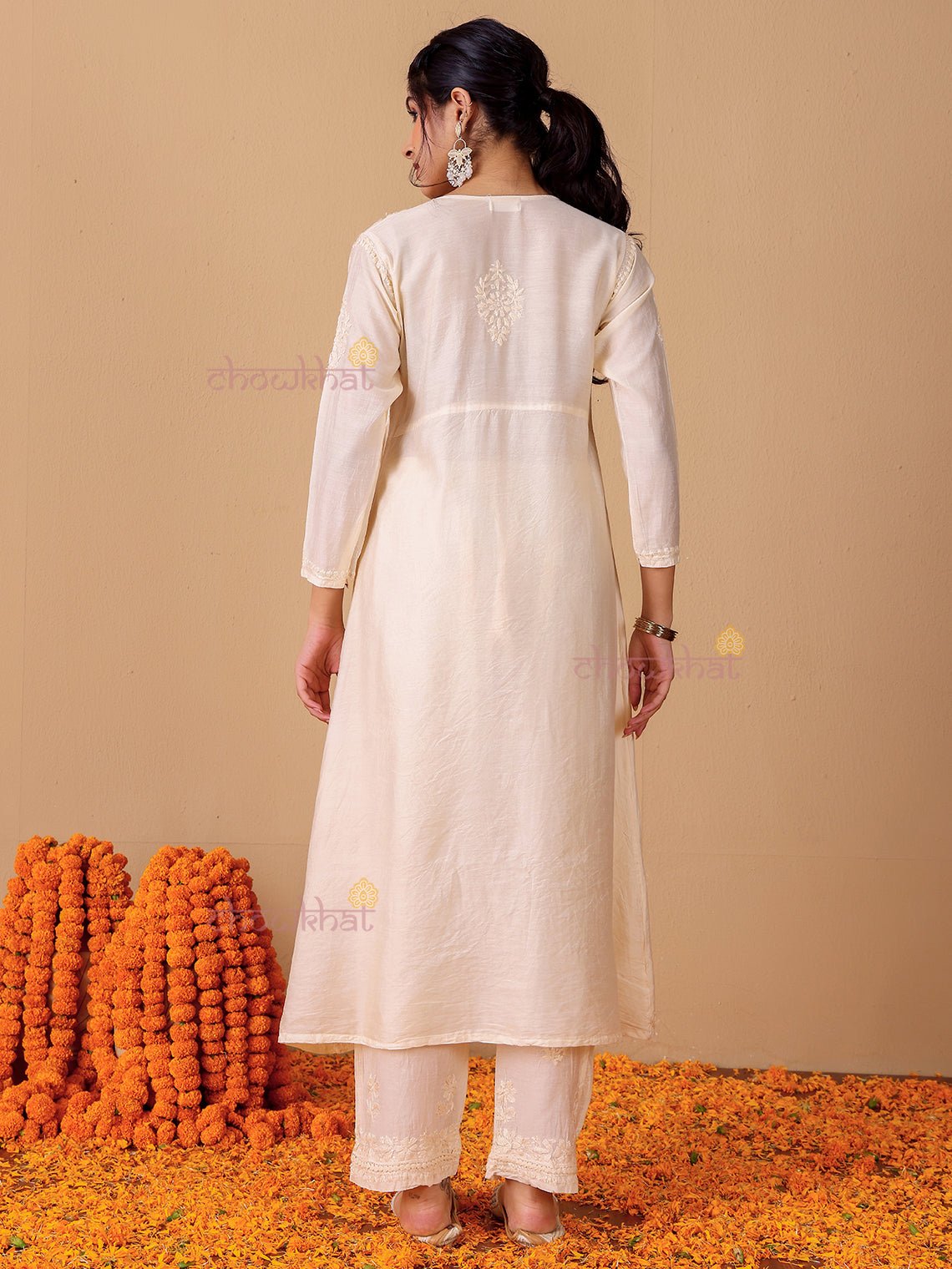Hiba Angrakha Chanderi Chikankari Kurti & Palazzo Set - Chowkhat Lifestyle
