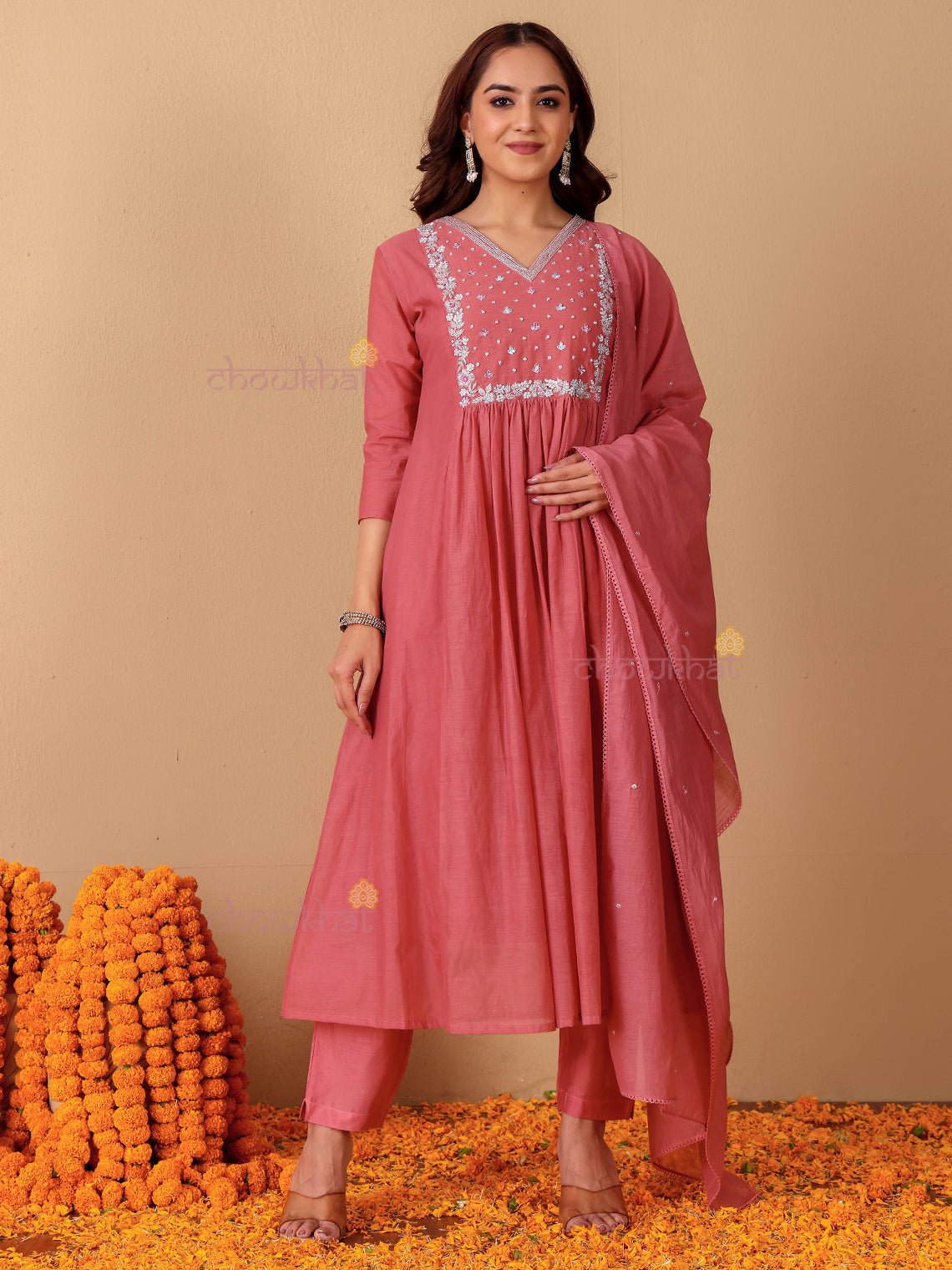Rhea Mul Chanderi 3 Piece Nyra Style Stitched Suit Set with Adda Work - Chowkhat Lifestyle