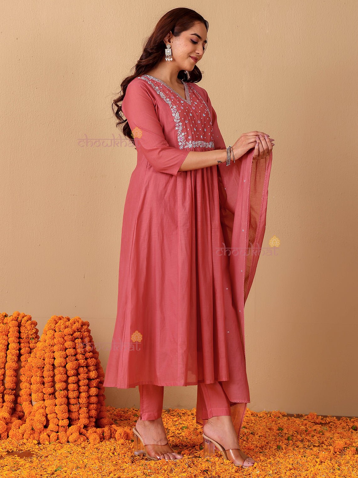 Rhea Mul Chanderi 3 Piece Nyra Style Stitched Suit Set with Adda Work - Chowkhat Lifestyle