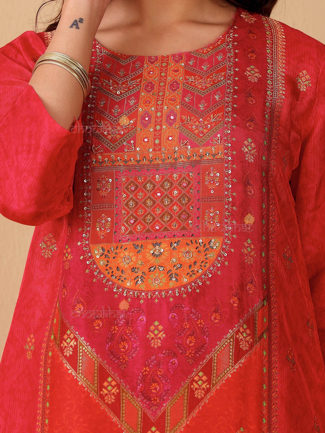 Naira Zari Silk 3 Piece Stitched Suit Set with Handwork - Chowkhat Lifestyle