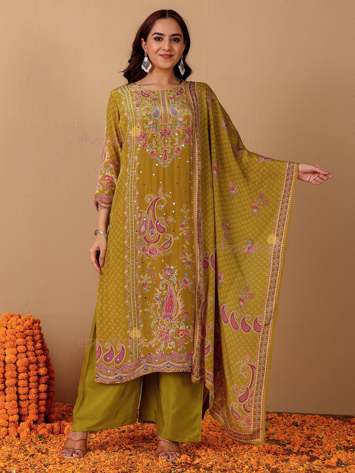 Chaand Printed 3 Piece Stitched Suit Set with Mirror work - Chowkhat Lifestyle