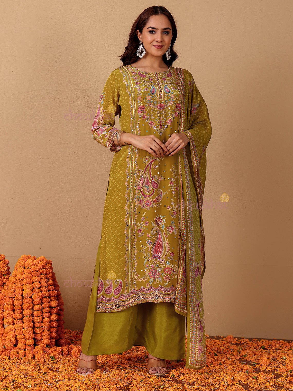 Chaand Printed 3 Piece Stitched Suit Set with Mirror work - Chowkhat Lifestyle