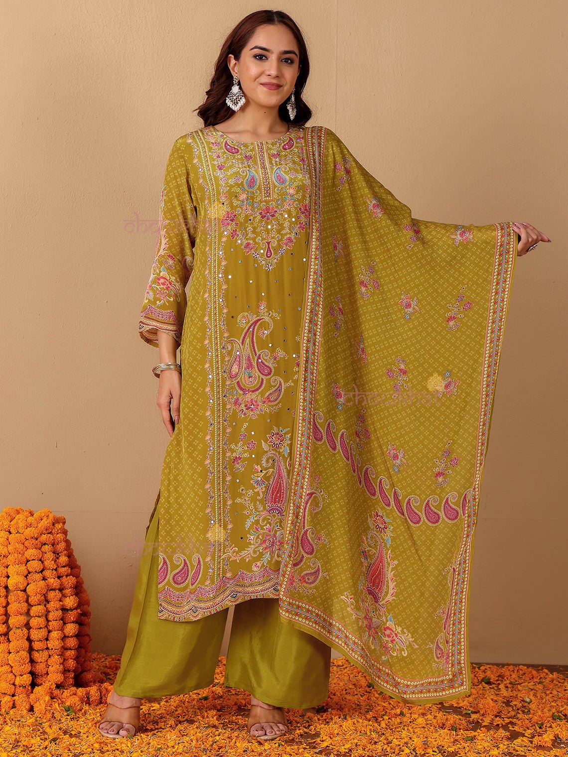 Chaand Printed 3 Piece Stitched Suit Set with Mirror work - Chowkhat Lifestyle