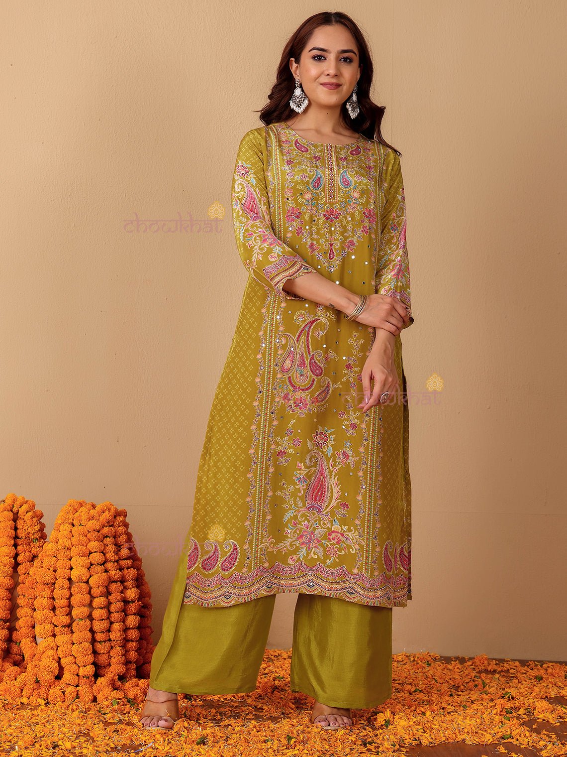 Chaand Printed 3 Piece Stitched Suit Set with Mirror work - Chowkhat Lifestyle