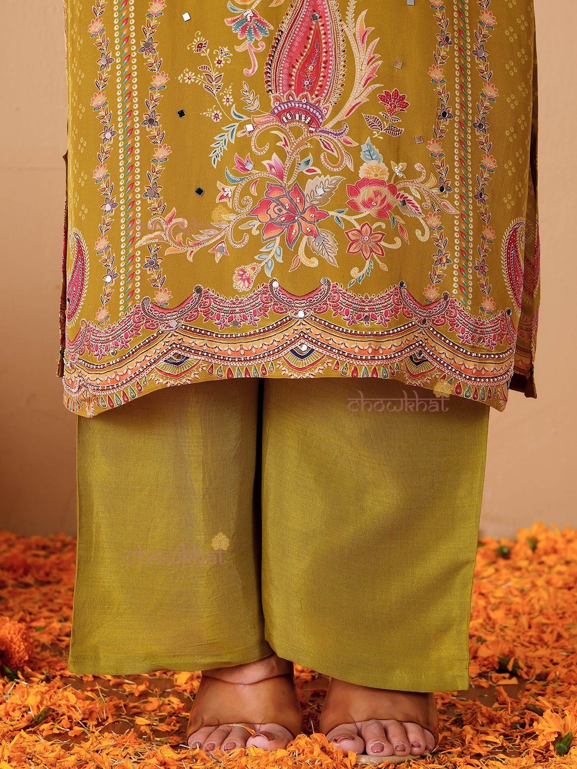 Chaand Printed 3 Piece Stitched Suit Set with Mirror work - Chowkhat Lifestyle