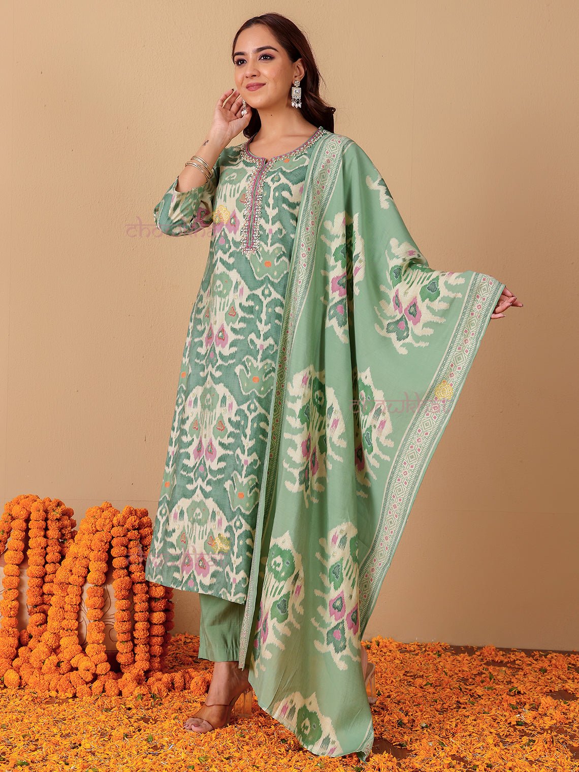 Kashvi Hand Embroidered Printed Modal Muslin 3 Piece Stitched Suit Set - Chowkhat Lifestyle