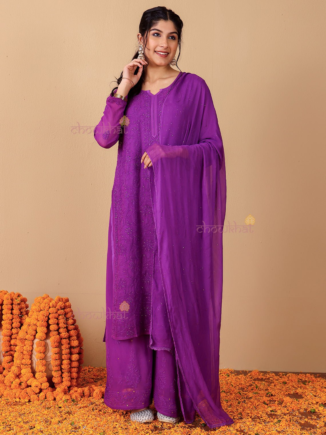 Falak Chikankari Suit Set with Mukaish Work - Chowkhat Lifestyle