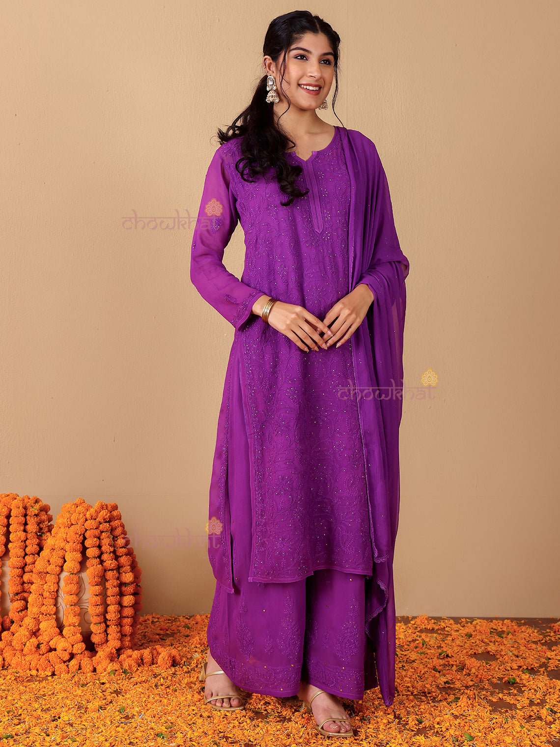 Falak Chikankari Suit Set with Mukaish Work - Chowkhat Lifestyle